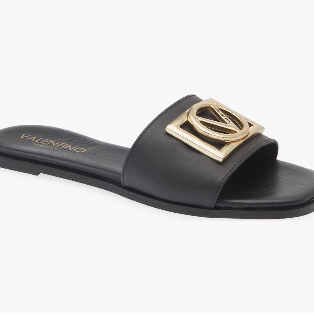 Women’s Valentino Black Slide Sandals with Gold Accent